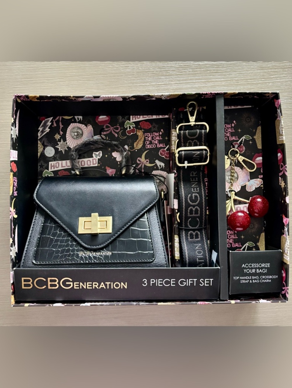 BCBGeneration Black Croc-Texture Satchel with Gold Hardware - 3 Piece Set
